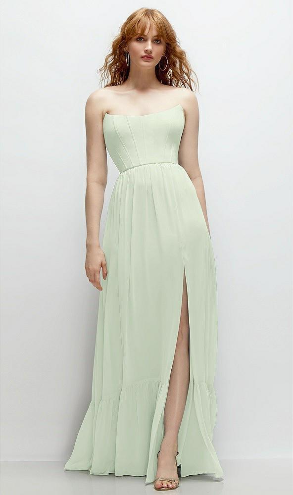 strapless cat-eye corset maxi dress with ruffle hem a-line skirt