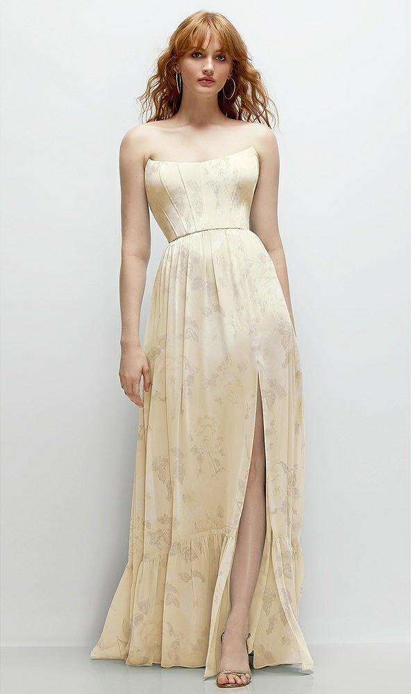 strapless cat-eye corset maxi dress with ruffle hem a-line skirt