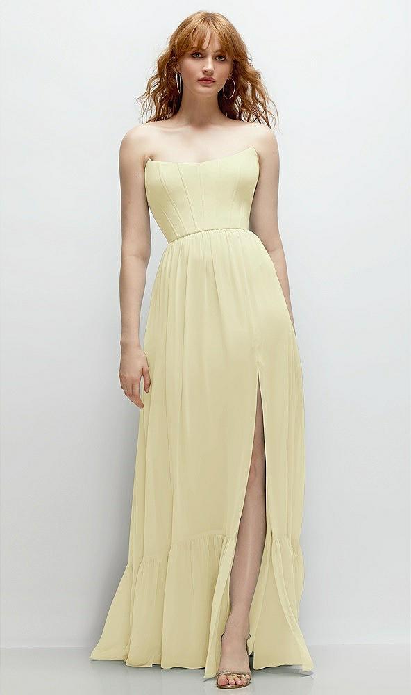 strapless cat-eye corset maxi dress with ruffle hem a-line skirt