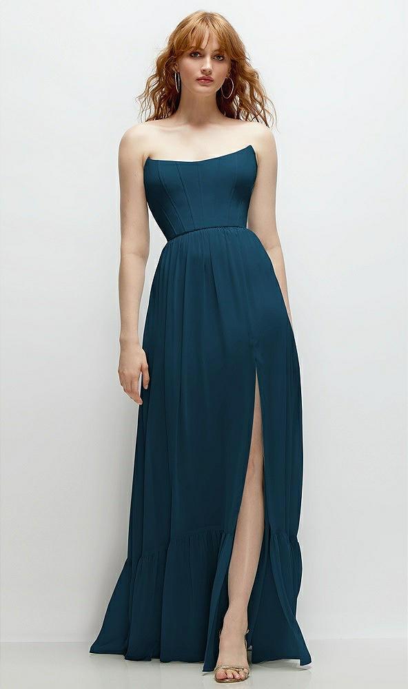 strapless cat-eye corset maxi dress with ruffle hem a-line skirt