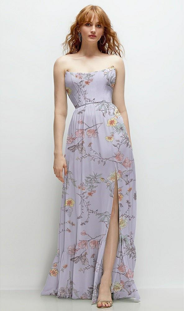 strapless cat-eye corset maxi dress with ruffle hem a-line skirt