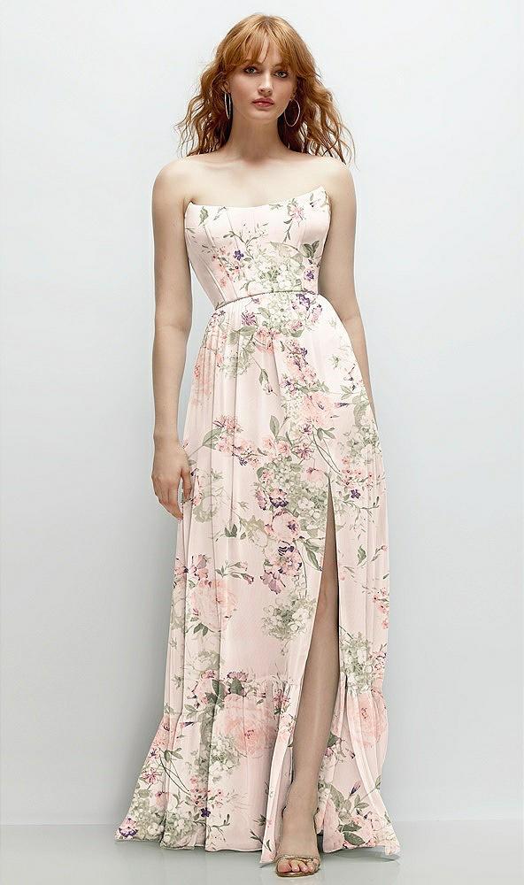 strapless cat-eye corset maxi dress with ruffle hem a-line skirt
