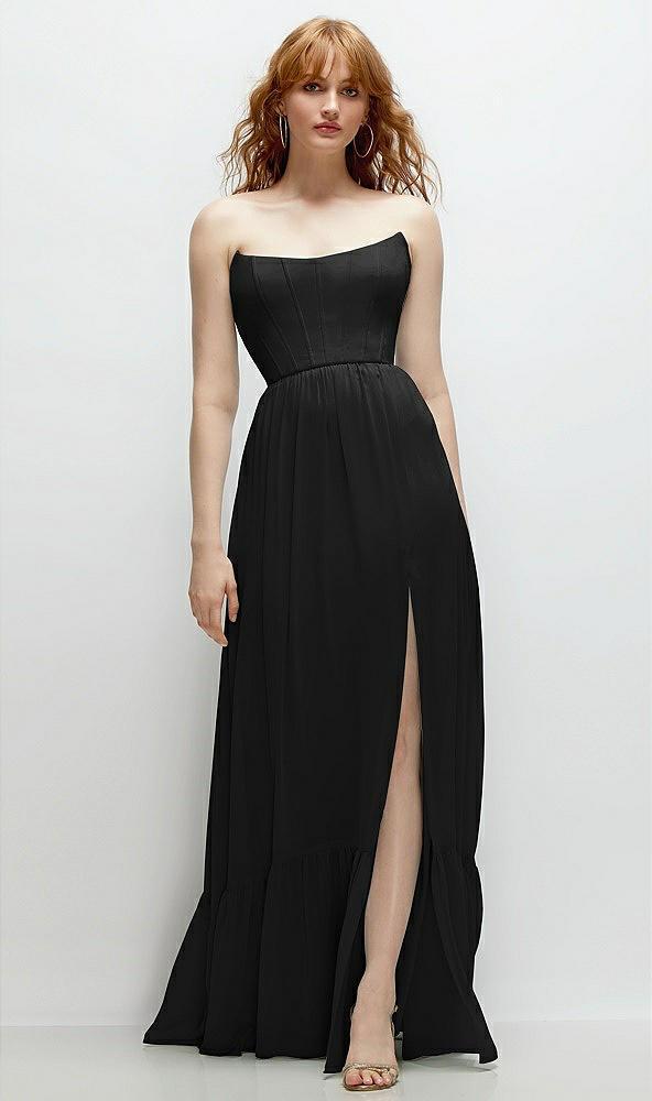 strapless cat-eye corset maxi dress with ruffle hem a-line skirt
