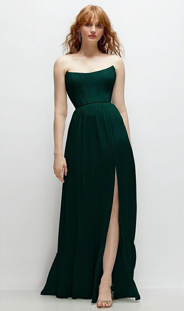 strapless cat-eye corset maxi dress with ruffle hem a-line skirt
