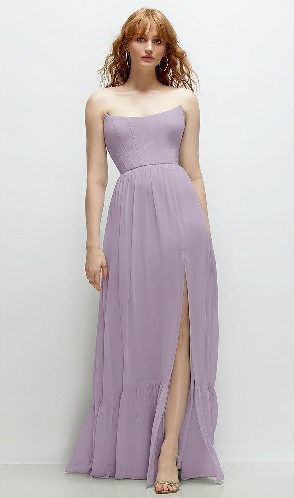 strapless cat-eye corset maxi dress with ruffle hem a-line skirt
