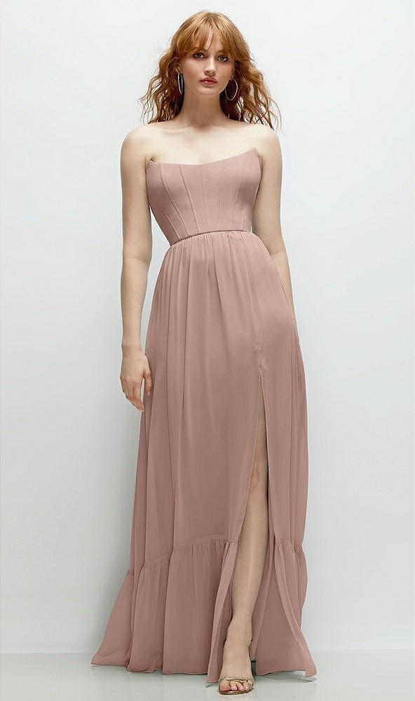 strapless cat-eye corset maxi dress with ruffle hem a-line skirt
