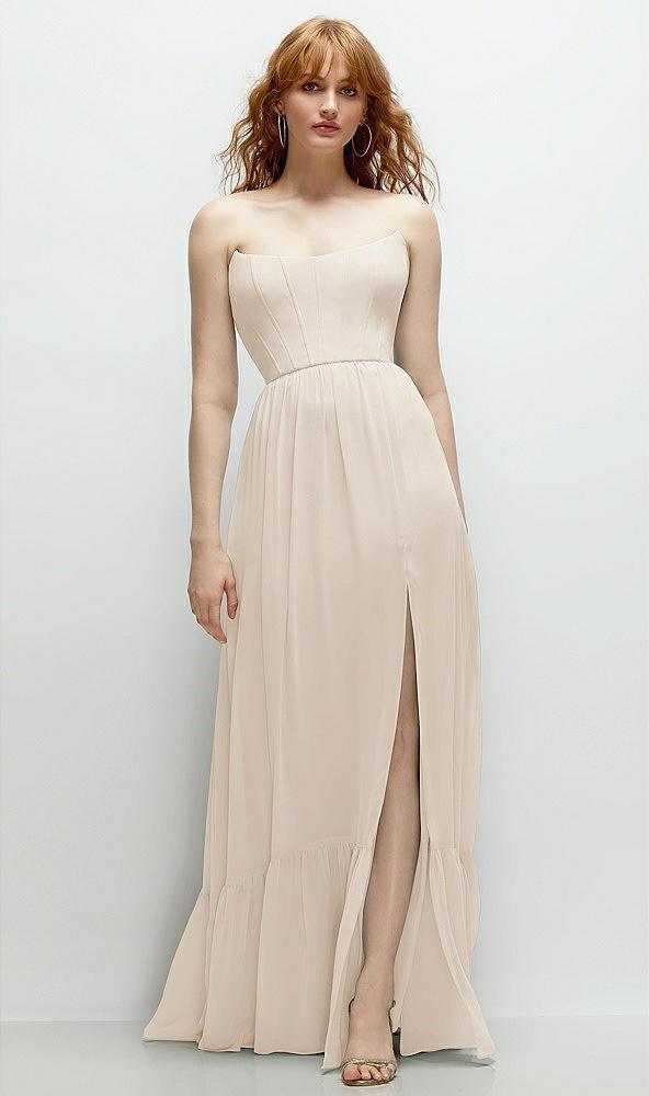 strapless cat-eye corset maxi dress with ruffle hem a-line skirt