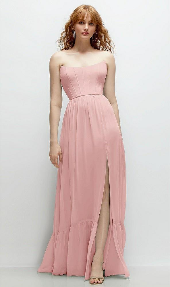 strapless cat-eye corset maxi dress with ruffle hem a-line skirt
