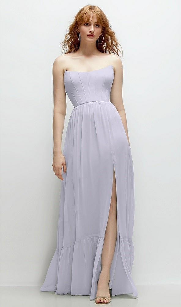 strapless cat-eye corset maxi dress with ruffle hem a-line skirt