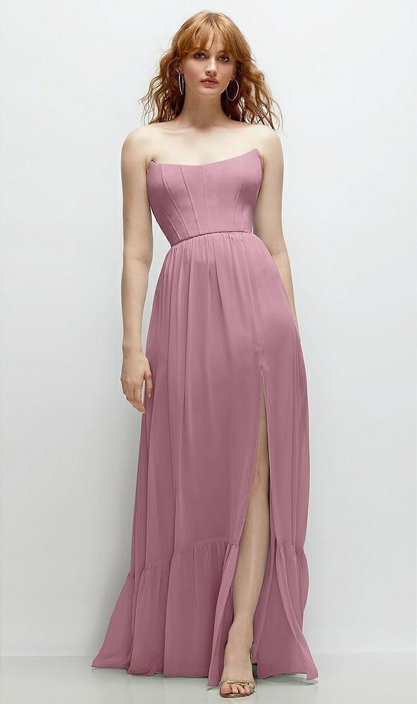 strapless cat-eye corset maxi dress with ruffle hem a-line skirt