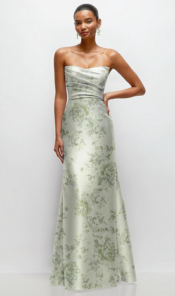 strapless cat-eye draped bodice floral satin tumpet dress