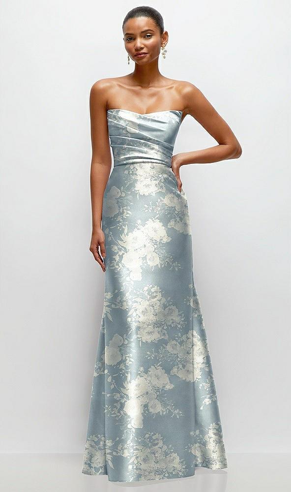 strapless cat-eye draped bodice floral satin tumpet dress