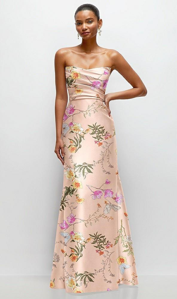 strapless cat-eye draped bodice floral satin tumpet dress