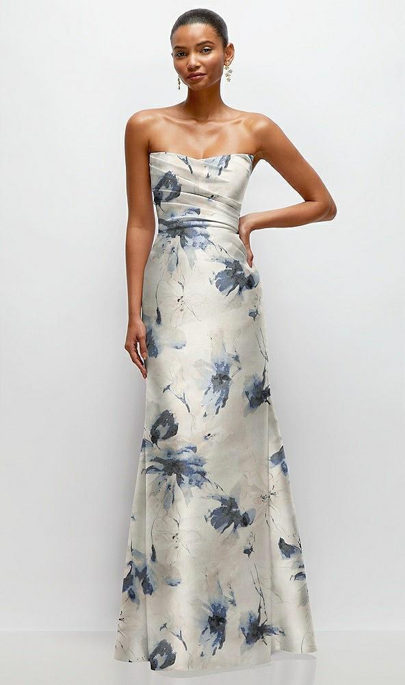 strapless cat-eye draped bodice floral satin tumpet dress