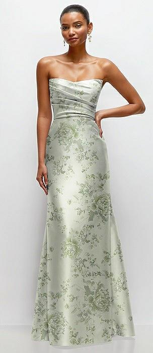 strapless cat-eye draped bodice floral satin tumpet dress