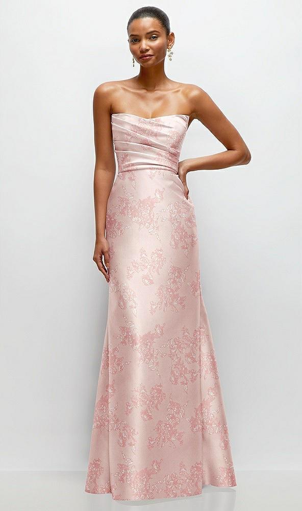 strapless cat-eye draped bodice floral satin tumpet dress