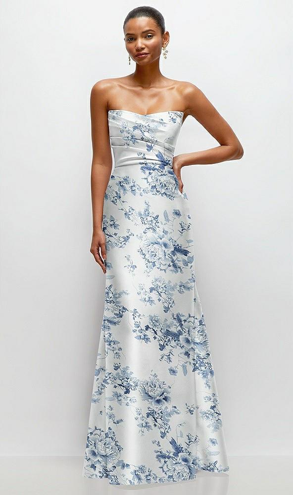 strapless cat-eye draped bodice floral satin tumpet dress