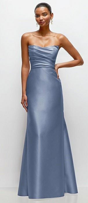 strapless cat-eye draped bodice satin tumpet dress
