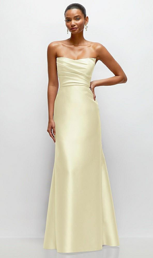 strapless cat-eye draped bodice satin tumpet dress