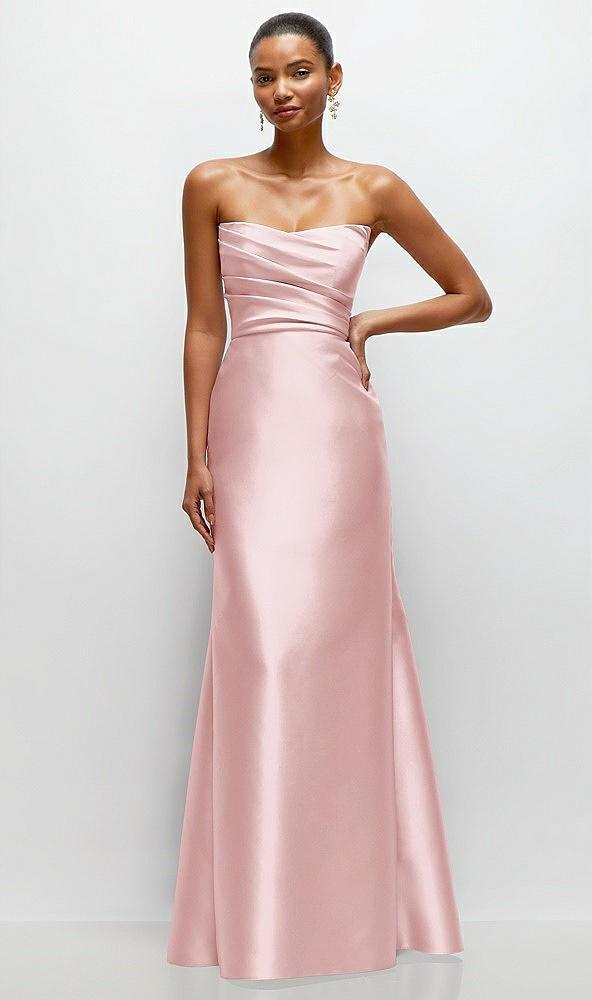 strapless cat-eye draped bodice satin tumpet dress