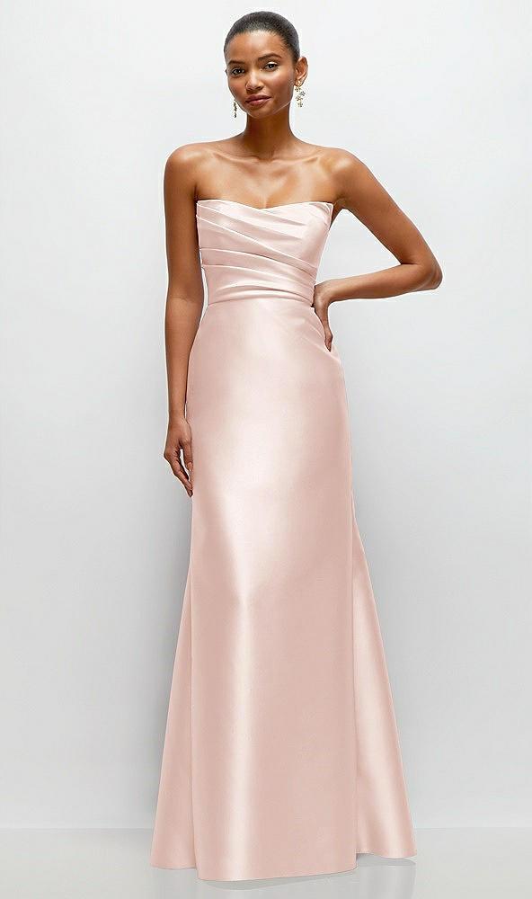 strapless cat-eye draped bodice satin tumpet dress