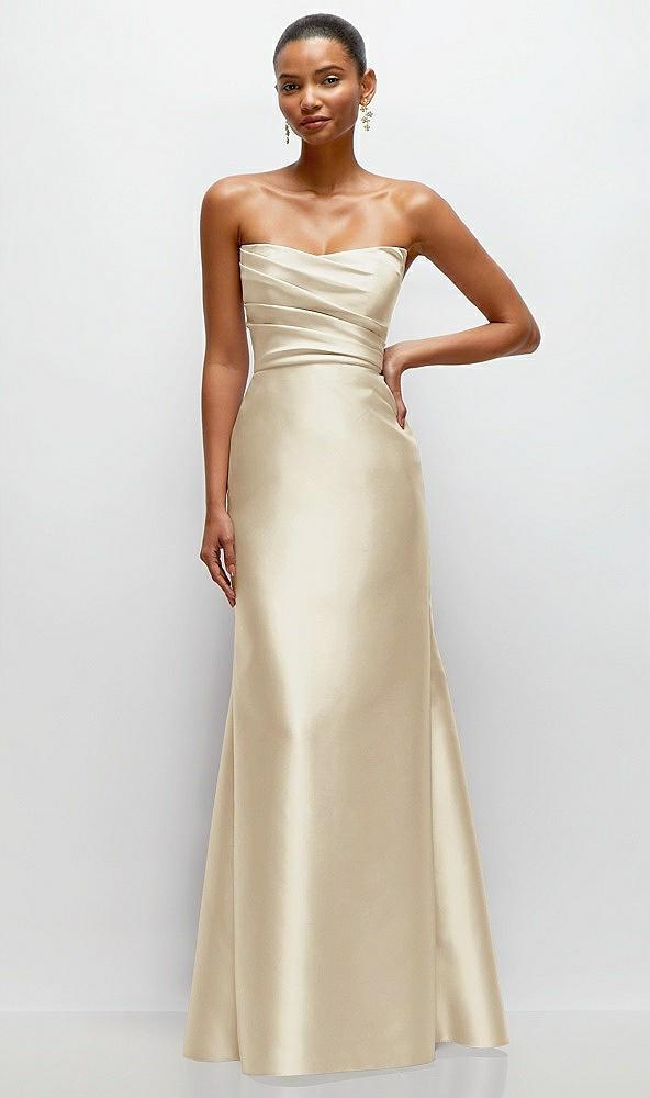 strapless cat-eye draped bodice satin tumpet dress