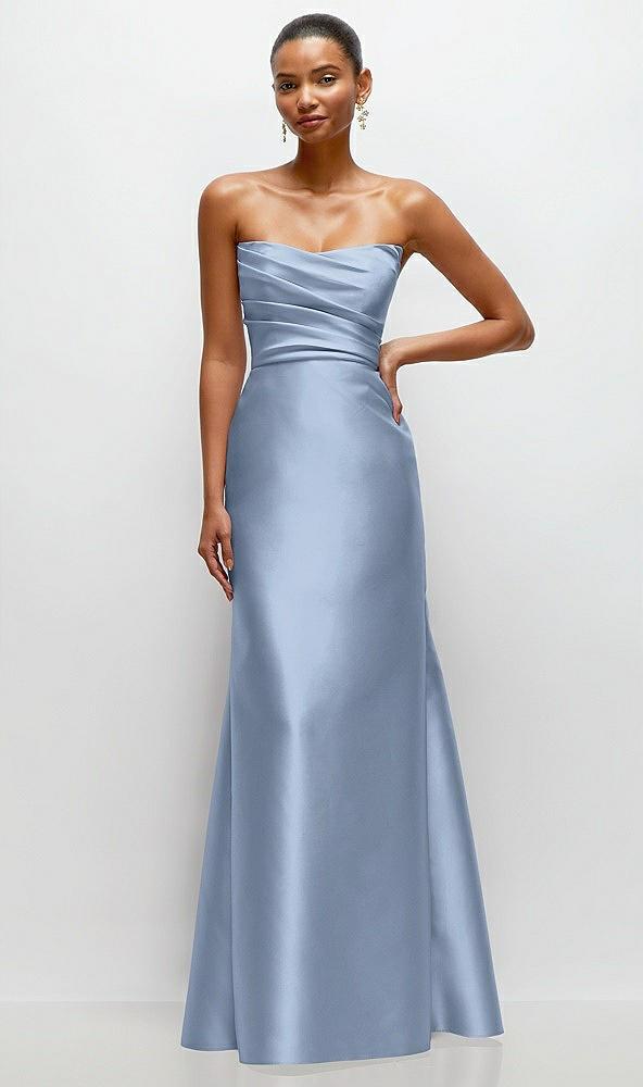 strapless cat-eye draped bodice satin tumpet dress