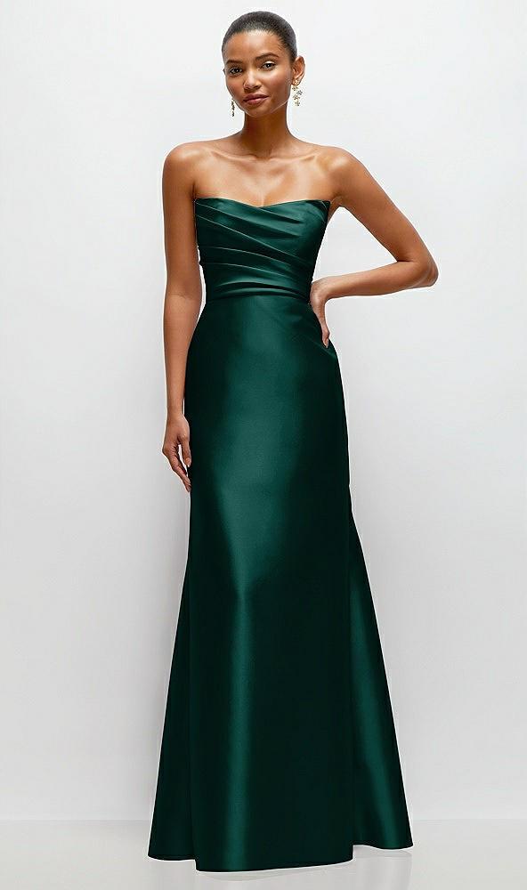 strapless cat-eye draped bodice satin tumpet dress