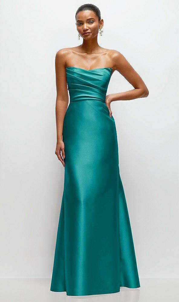 strapless cat-eye draped bodice satin tumpet dress