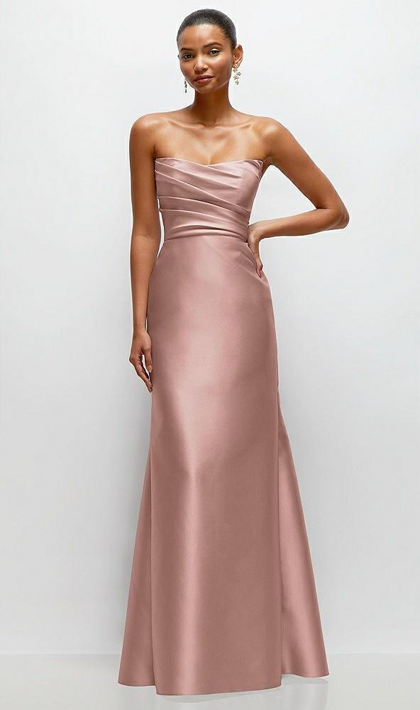 strapless cat-eye draped bodice satin tumpet dress