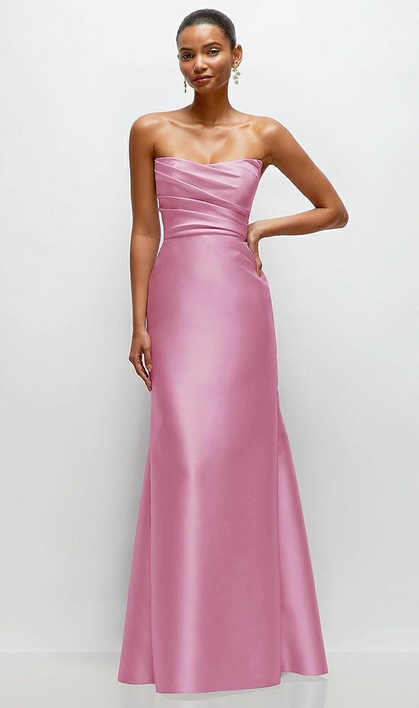 strapless cat-eye draped bodice satin tumpet dress