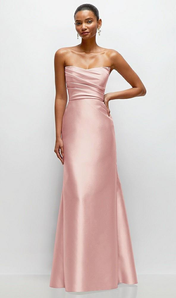 strapless cat-eye draped bodice satin tumpet dress