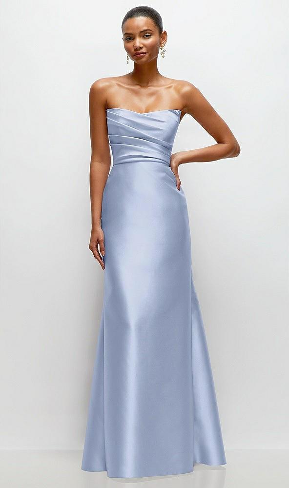 strapless cat-eye draped bodice satin tumpet dress