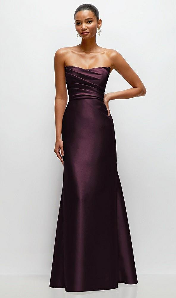 strapless cat-eye draped bodice satin tumpet dress