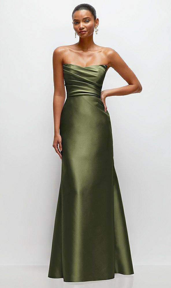 strapless cat-eye draped bodice satin tumpet dress