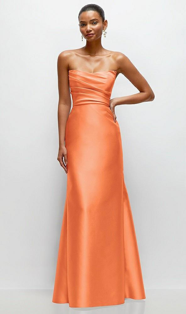 strapless cat-eye draped bodice satin tumpet dress