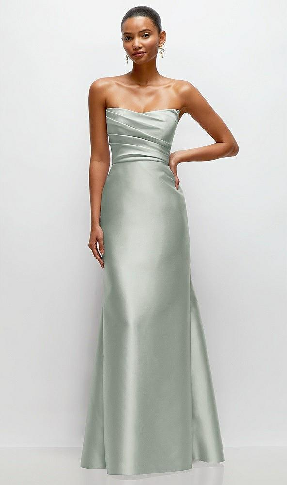 strapless cat-eye draped bodice satin tumpet dress