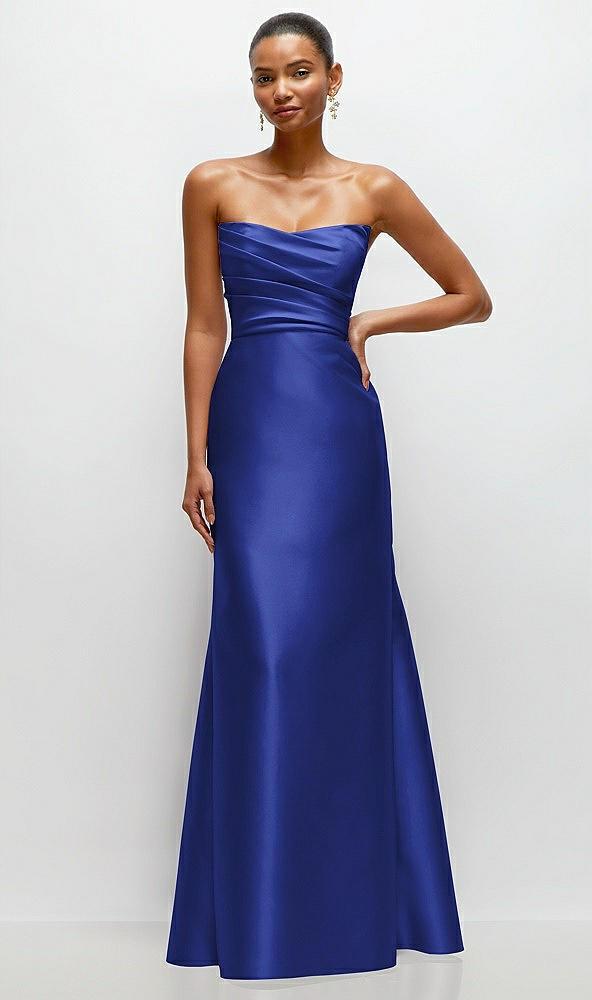 strapless cat-eye draped bodice satin tumpet dress