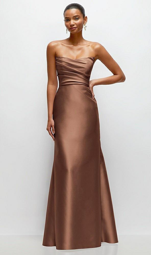strapless cat-eye draped bodice satin tumpet dress