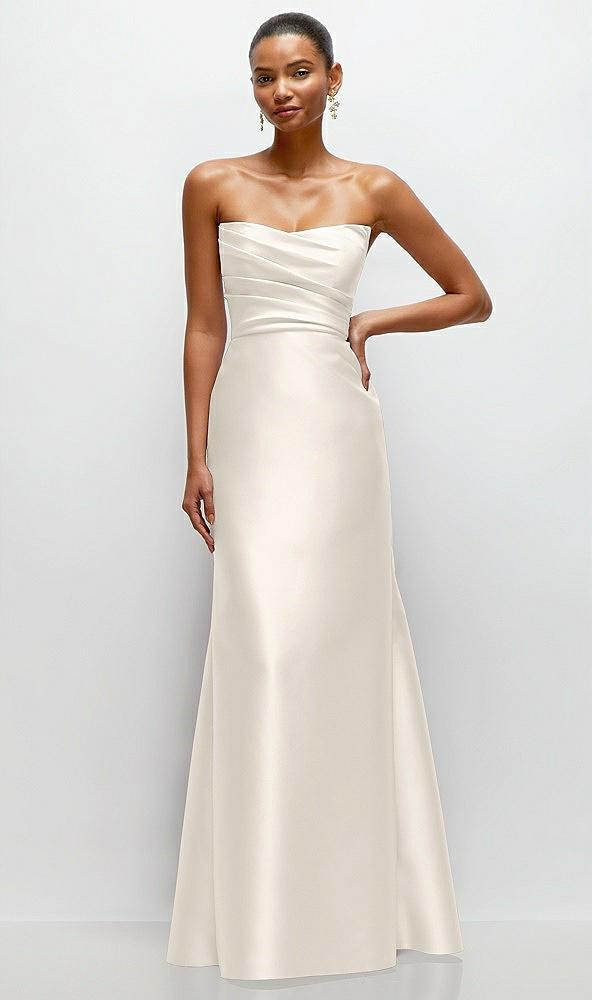 strapless cat-eye draped bodice satin tumpet dress