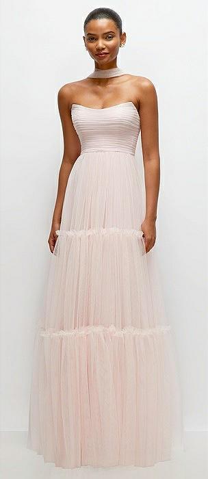 strapless cat-eye neu tulle tiered maxi dress with convertible sash