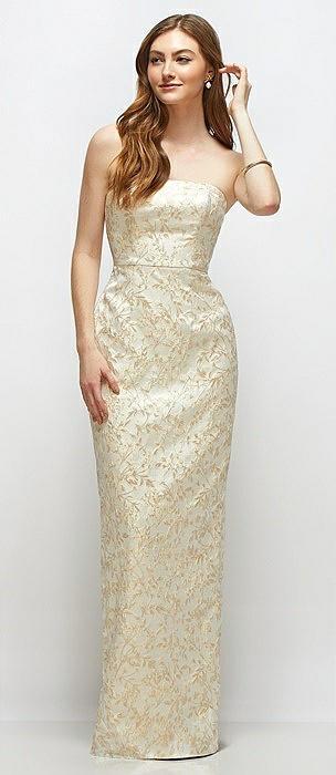 strapless champagne brocade column dress with back slit