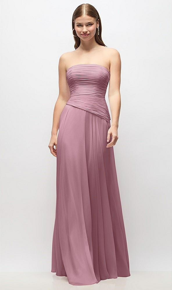 strapless chiffon maxi dress with asymmetrical ruched drop waist
