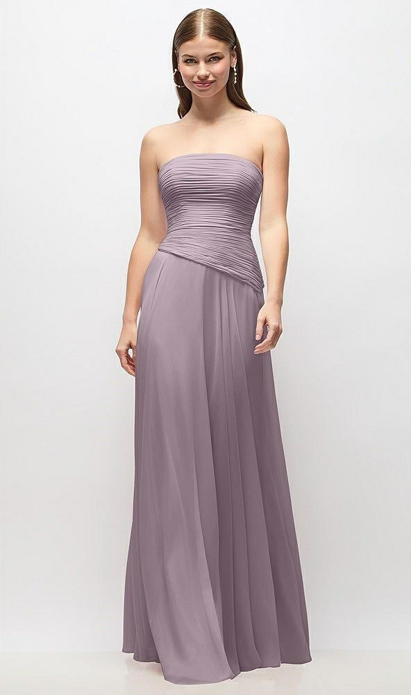strapless chiffon maxi dress with asymmetrical ruched drop waist