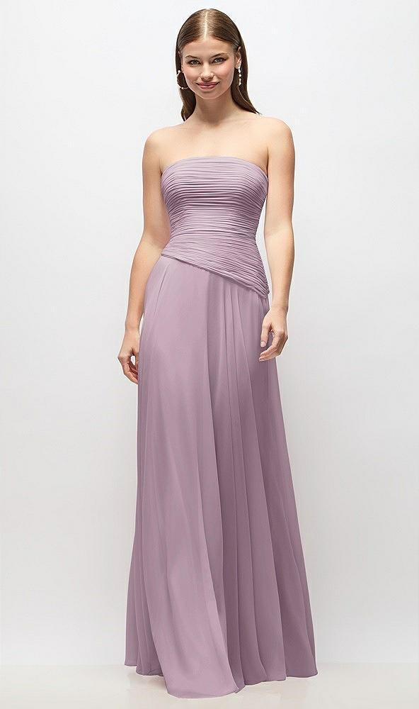strapless chiffon maxi dress with asymmetrical ruched drop waist