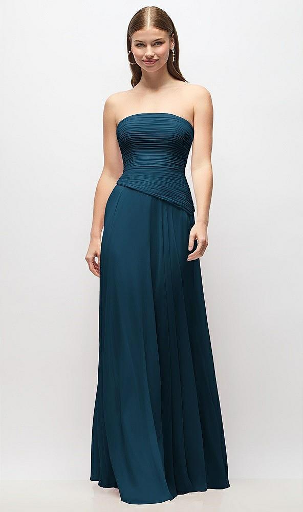 strapless chiffon maxi dress with asymmetrical ruched drop waist