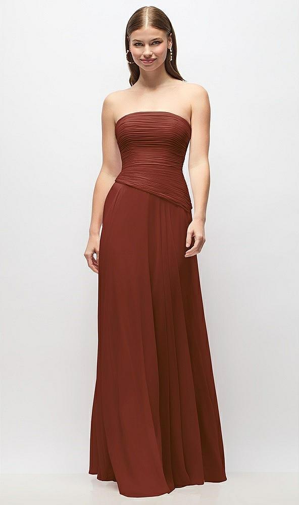 strapless chiffon maxi dress with asymmetrical ruched drop waist