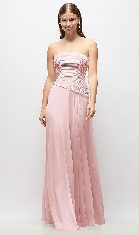 strapless chiffon maxi dress with asymmetrical ruched drop waist