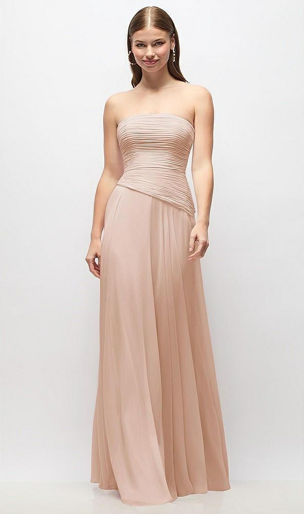 strapless chiffon maxi dress with asymmetrical ruched drop waist