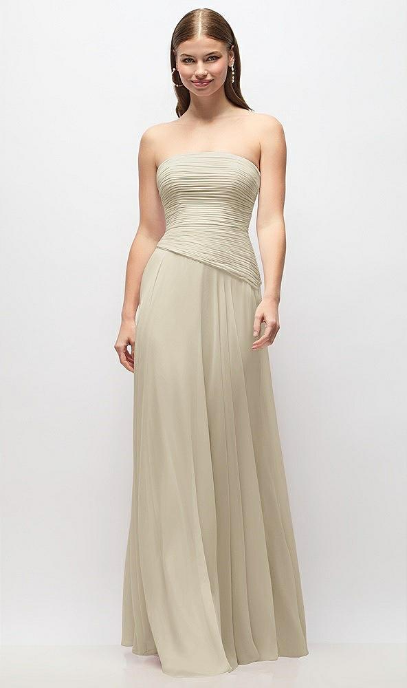 strapless chiffon maxi dress with asymmetrical ruched drop waist